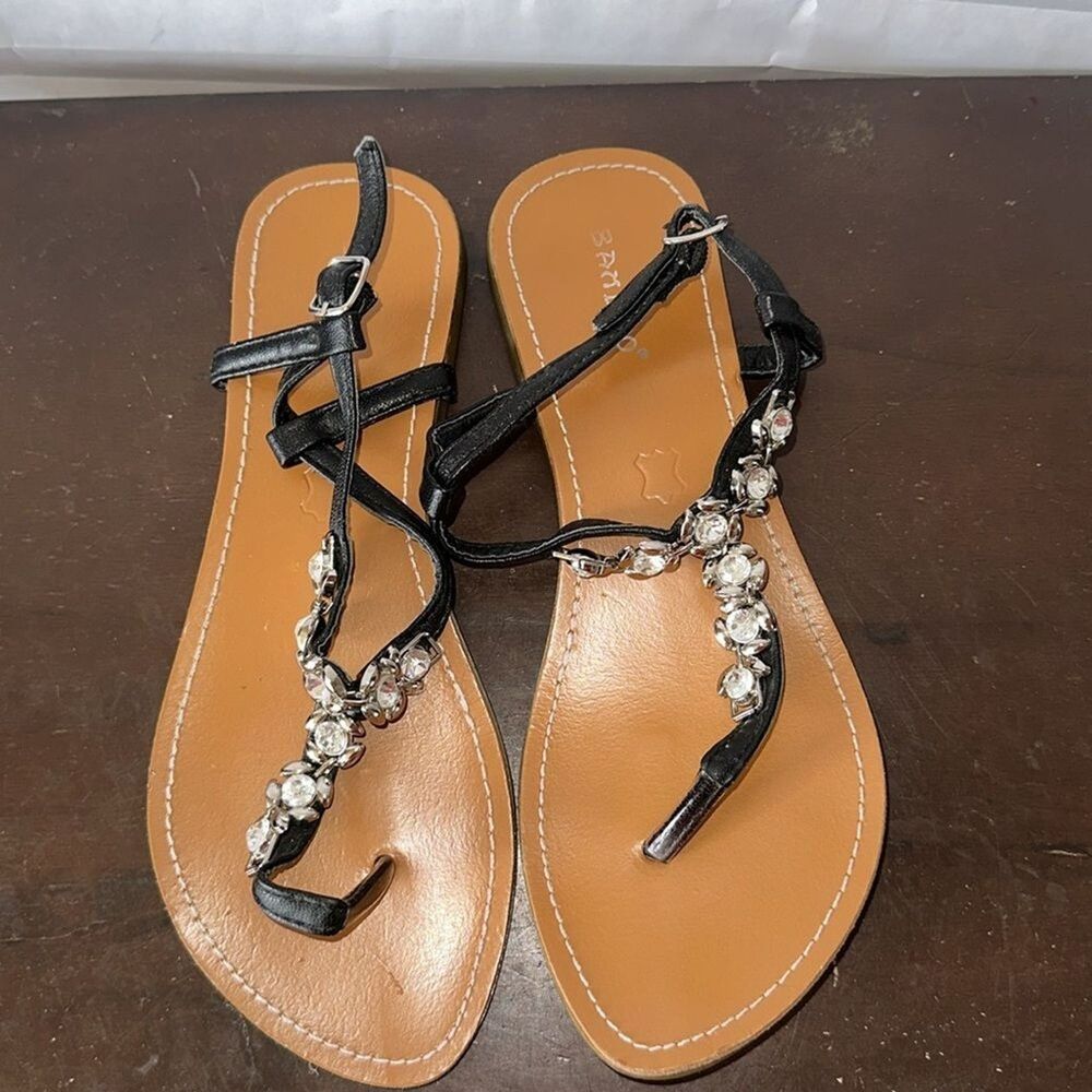 Bamboo Women's Black Sandals Size 9 Faux Cubic Zirconia Embellished